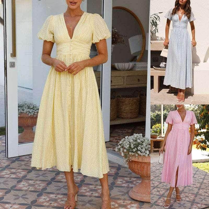 Women modeling short sleeve midi dresses in yellow, blue, and pink for summer fashion