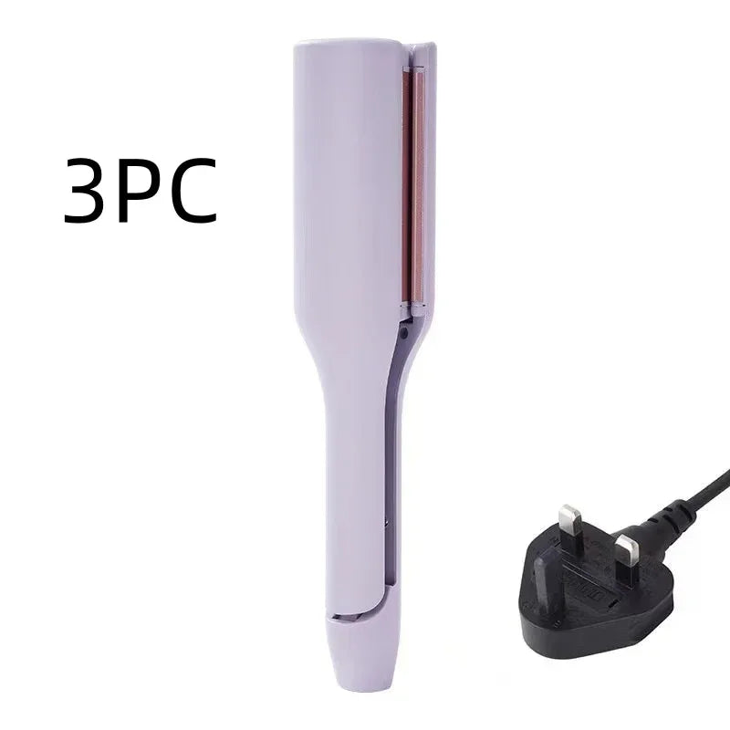 Purple electric hair straightener with UK power plug and 3PC text on white background