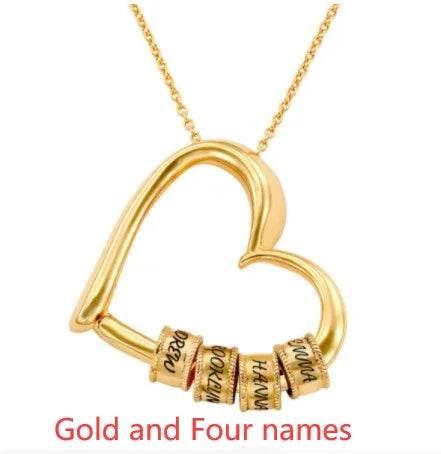 Gold heart necklace with four personalized name rings, women's fashion jewelry