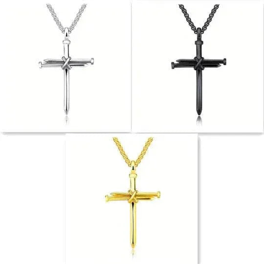 Three nail cross pendants in silver, black, and gold on chains, displayed on white background.