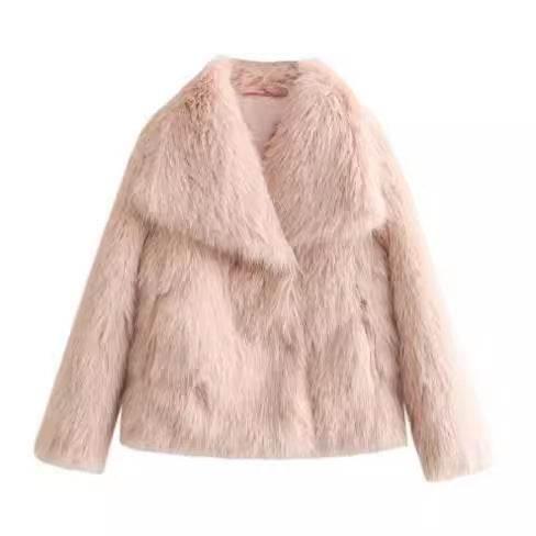 Light pink faux fur women’s jacket with wide lapel collar, trendy outerwear fashion