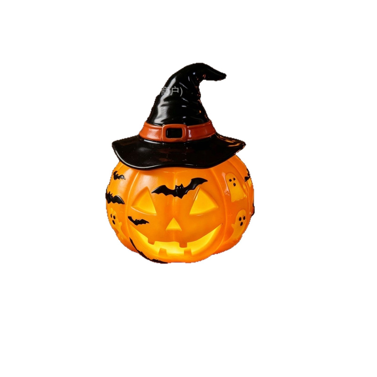 A Halloween pumpkin jack-o'-lantern decoration with a black witch hat, shown against a plain white background.