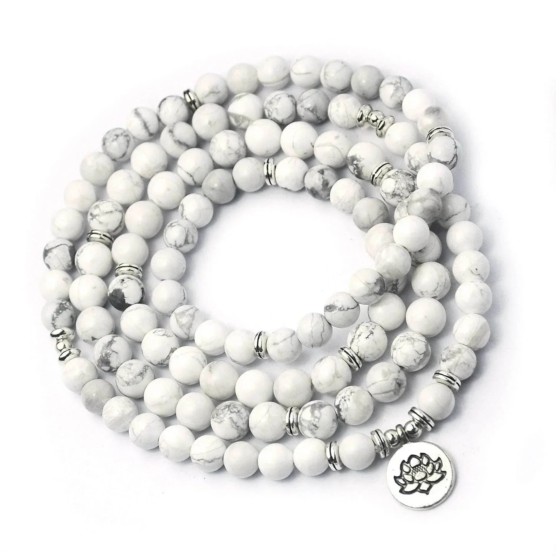 White howlite beaded necklace with silver accents and lotus charm, jewelry accessory
