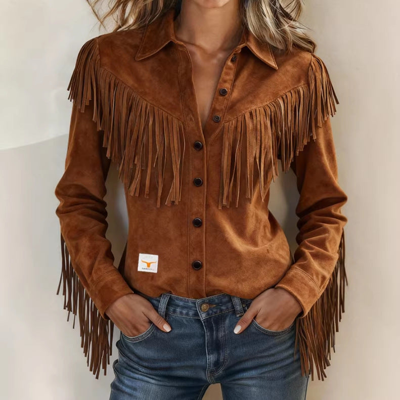 Brown suede fringe jacket worn by a person against a neutral background