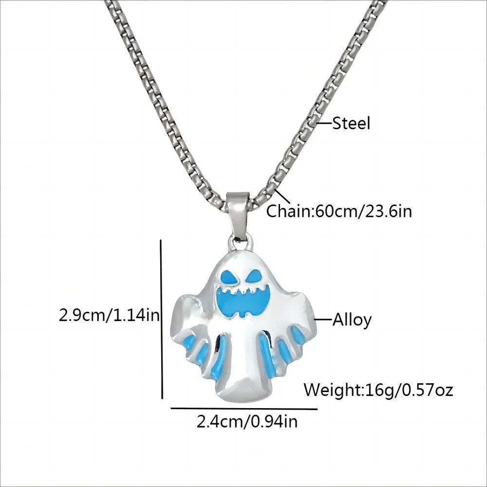 Silver and blue ghost pendant necklace with steel chain, alloy charm and size details shown.