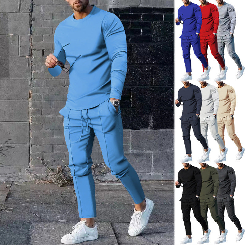 Man wearing a blue tracksuit with white sneakers against a brick wall, with additional images of people in various tracksuits on the right.