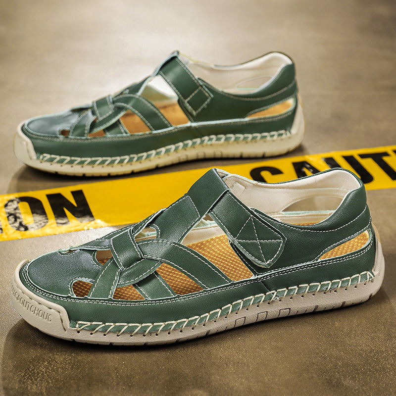 Green sandals with white soles on a surface with caution tape in the background