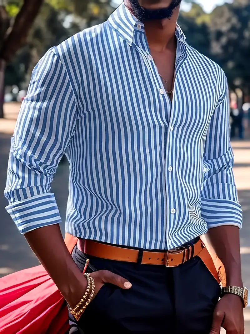 Stripe Printed Long Sleeve Button Shirt Men - Casual Lapel