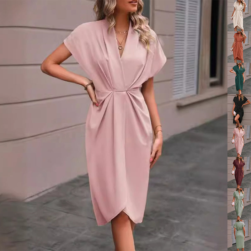 Summer Batwing Sleeve V-Neck Pleated Midi Dress for Women