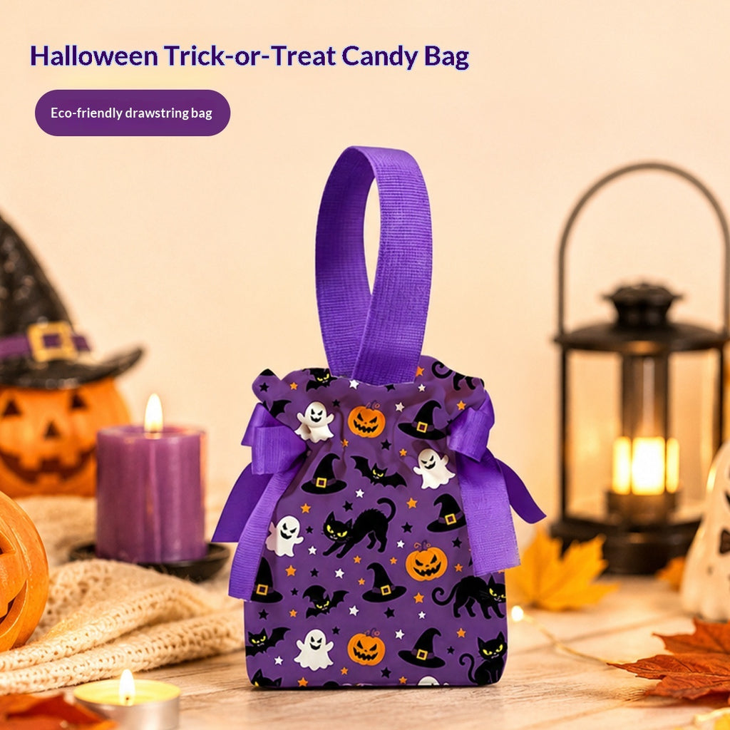 A purple Halloween-themed drawstring candy bag with a printed pattern of black cats, white ghosts, and orange pumpkins, styled on a wooden surface with candles, a lantern, and autumn leaves in the background.