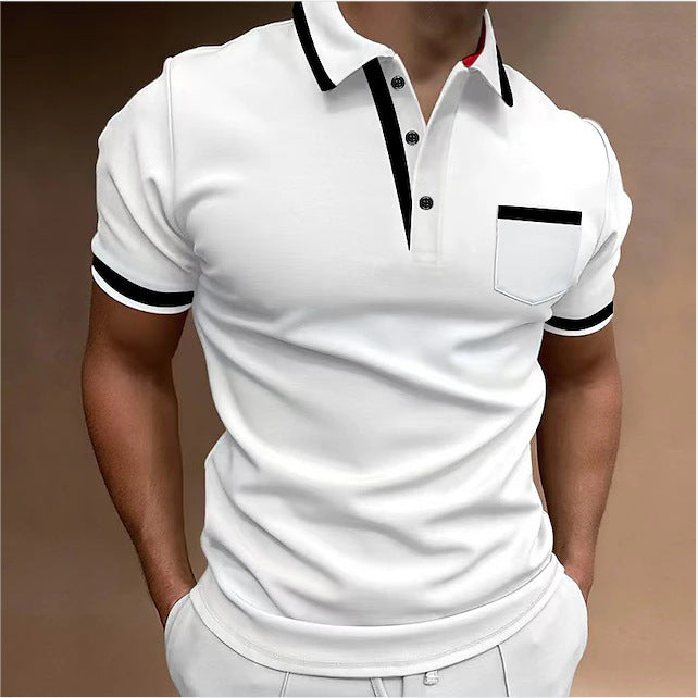 White polo shirt with black accents on a brown background