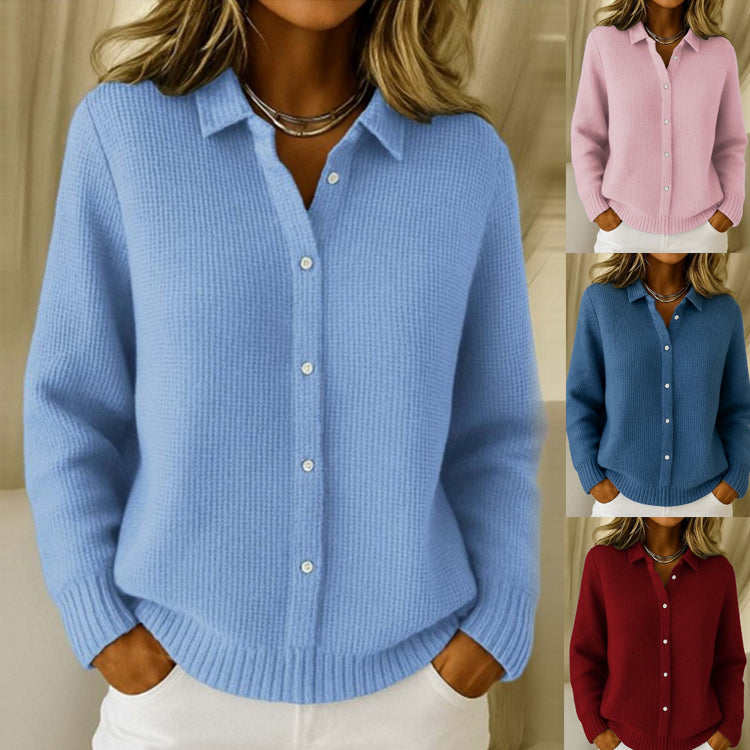 A woman wearing a light blue ribbed knit button-front collared sweater, with three smaller inset images on the right showing the same sweater in pink, blue, and burgundy.