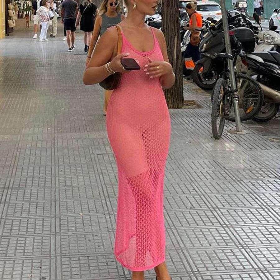 Pink Solid Color Knitted Hollow Bikini Swimsuit Blouse - ZA-Zola