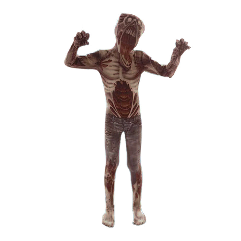 A full-body zombie or horror costume modeled on a person against a plain white background. The costume includes a mask with an open mouth, exposed skeletal and muscular details, and a distressed flesh-toned print in beige, brown, and reddish accents.