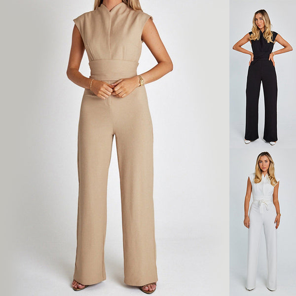 V-Neck Wide Leg Jumpsuit Colors Black White Khaki Women Summer