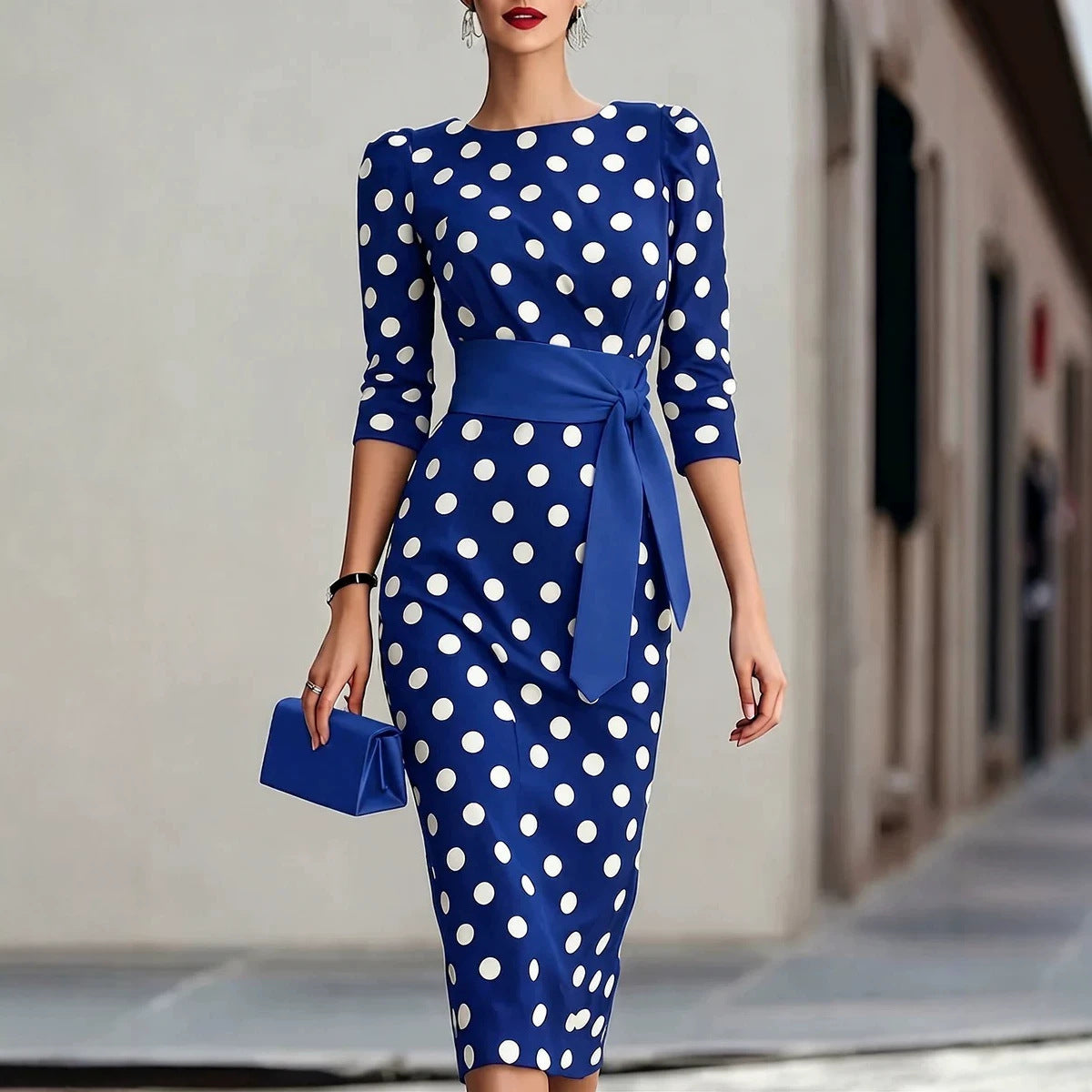 Woman wearing a blue dress with white polka dots on a city street.