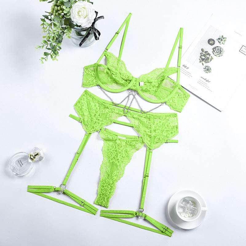 Lace Mesh Bra Underwear Adjustment T-back Suit – Black & Green - ZA-Zola
