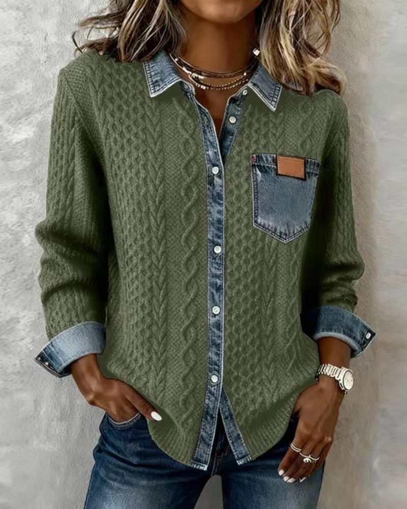 Green cable knit shirt with denim collar and cuffs worn by a person against a neutral background