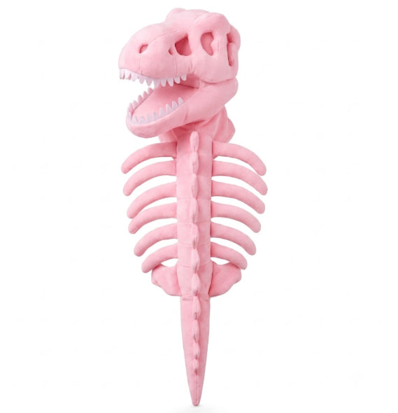 A pink plush dinosaur skeleton toy with an open mouth showing white teeth, photographed against a plain white background.