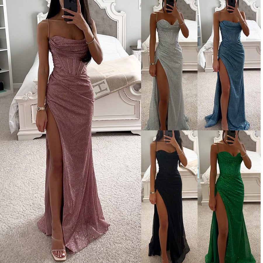 Collage of a woman modeling a strapless evening gown with a slit in various colors.