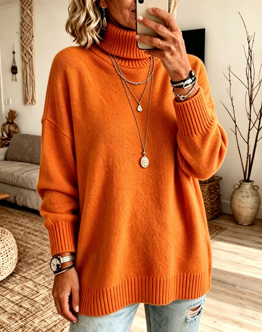 A woman takes a mirror selfie wearing a cozy, oversized orange turtleneck sweater, light-wash distressed jeans, and layered silver necklaces in a bright, modern living room.