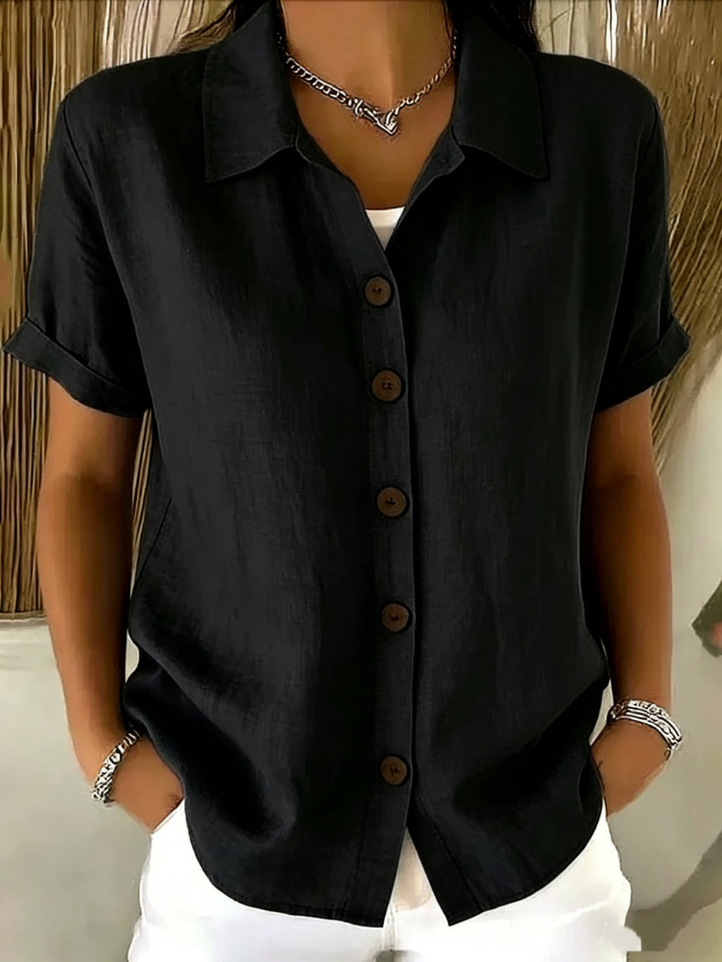 Lapel Button Linen Blend Shirt | Women Long Sleeve