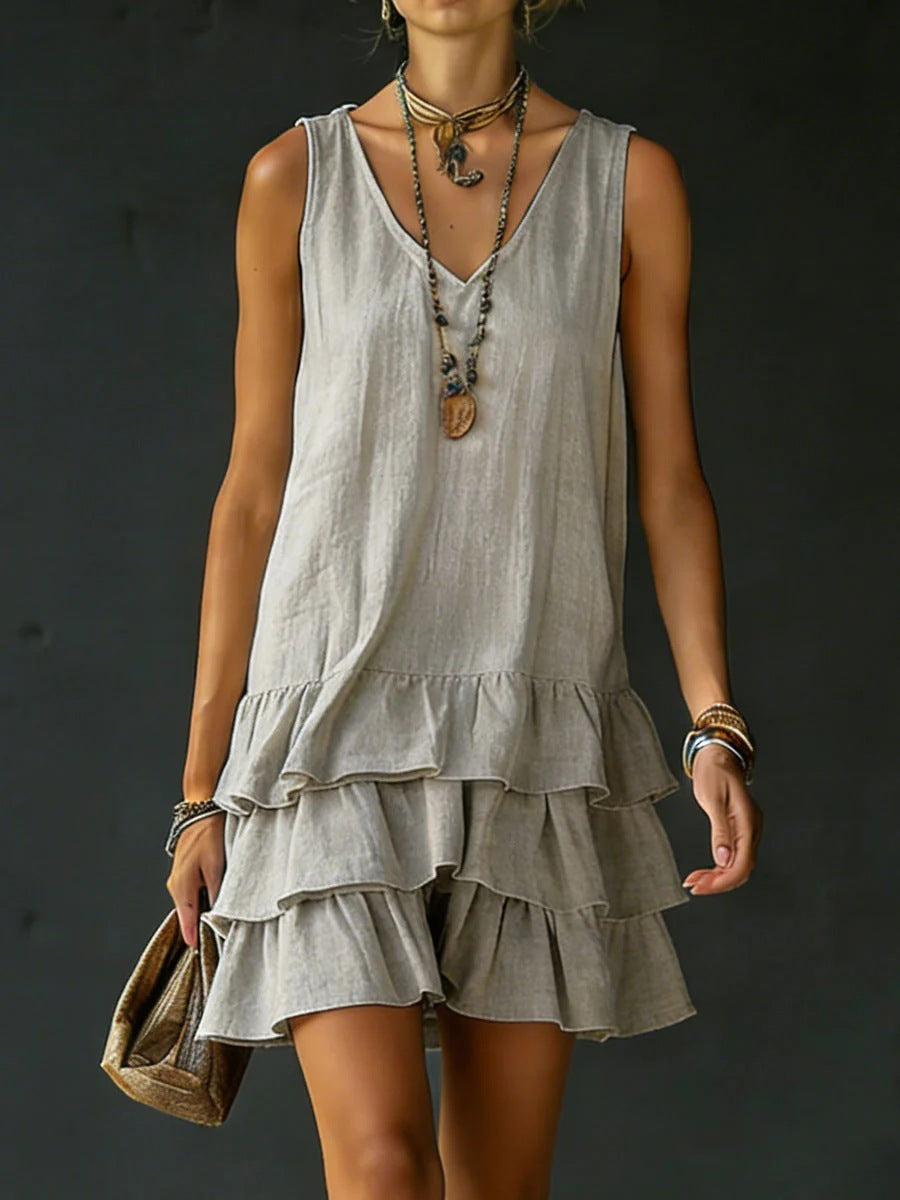V-Neck Cotton Linen Women's Sleeveless Dress – Fashionable Mid-Length Straight Sundress