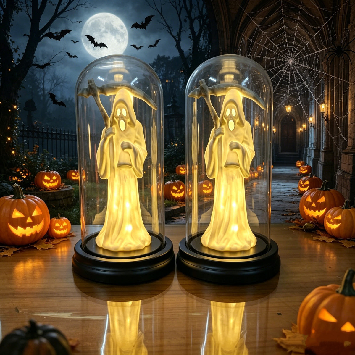 Two glowing ghost figurines under clear glass cloches on black bases, displayed on a table with pumpkins and cobwebs in a Halloween cemetery setting.