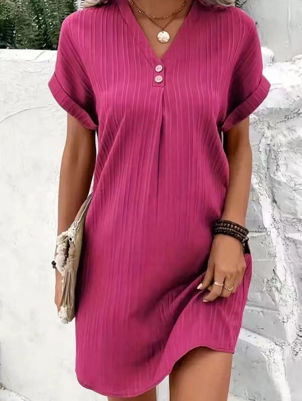 Women's V-Neck Button Strip Short Sleeve Casual Dress