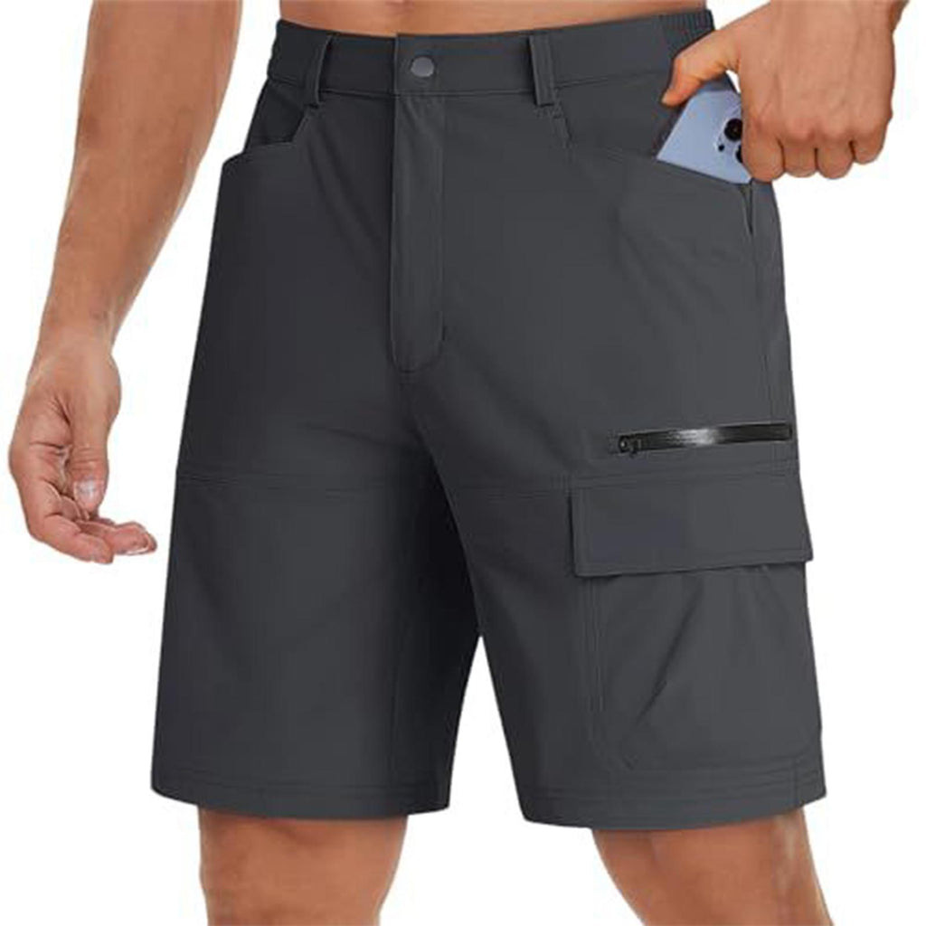 Dark gray cargo shorts with multiple pockets on a white background