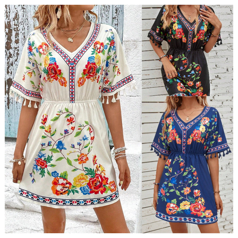 Bohemian Retro Ethnic Print Temperament Waist-Controlled Slimming Short Holiday Dress for Women