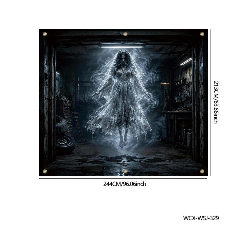 A rectangular wall art print or poster showing a dark, eerie garage scene with a ghostly figure in a flowing white dress, centered on a white background with printed dimensions and a model code.