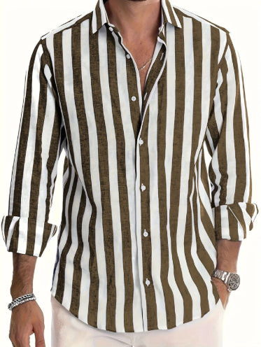 Man wearing a brown and white striped shirt on a white background