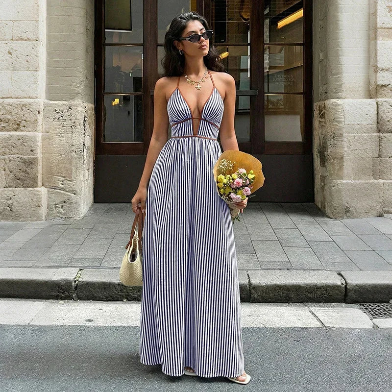 Striped Strappy V-Neck Maxi Dress Women Beach – ZA-Zola