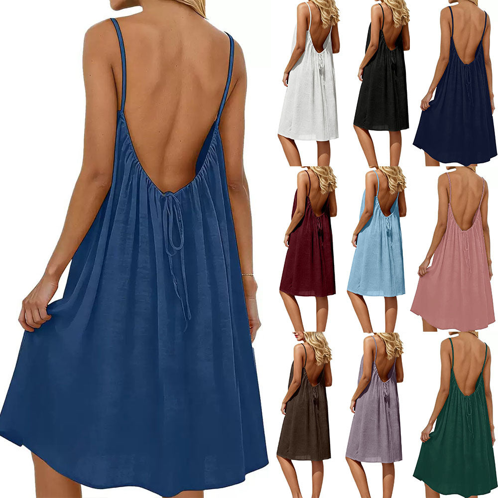 Blue dress with open back worn by a model, with multiple color options displayed.