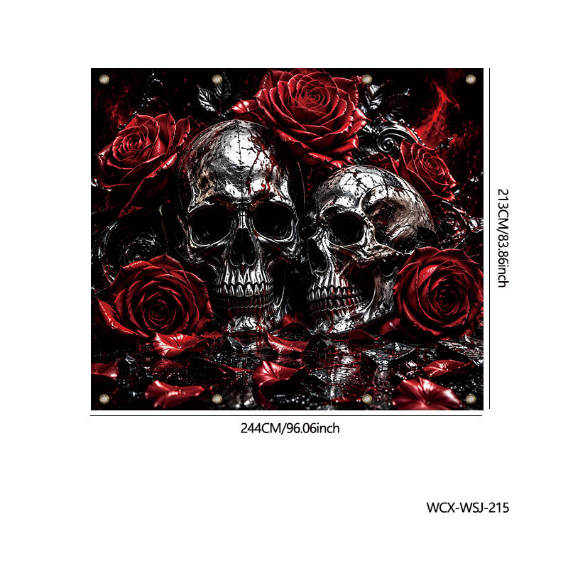 A square wall art print or canvas featuring two metallic silver skulls surrounded by vivid red roses on a black background, shown with printed dimensions and the code WCX-WSJ-215.