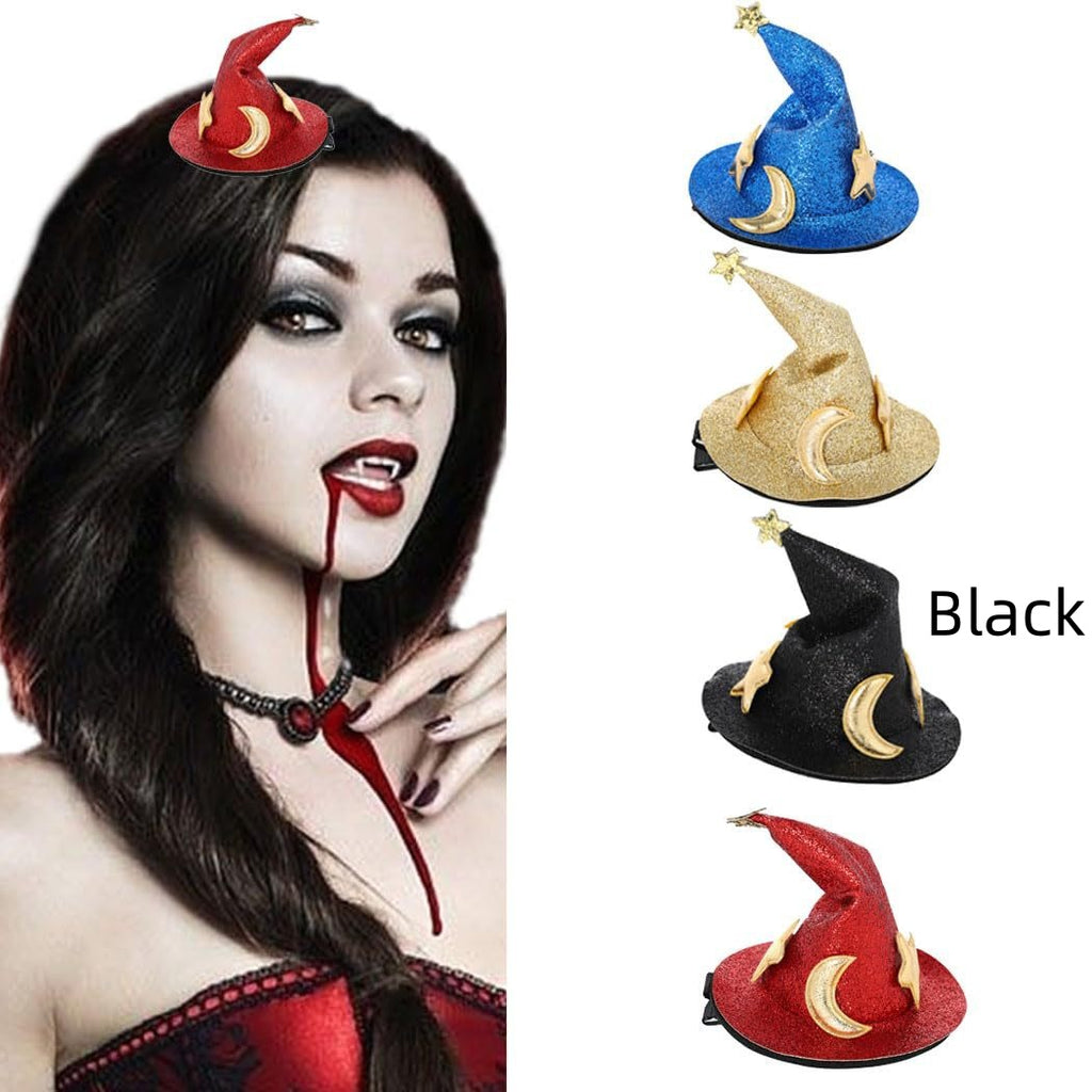 Woman with dark hair and red lipstick wearing a red witch hat, with additional witch hats in different colors displayed.