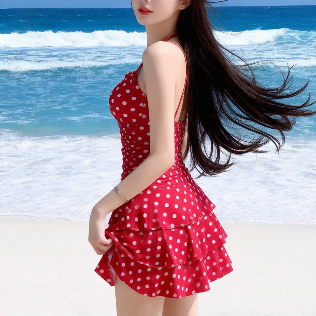 Woman in a red polka dot dress standing on a beach with ocean waves in the background