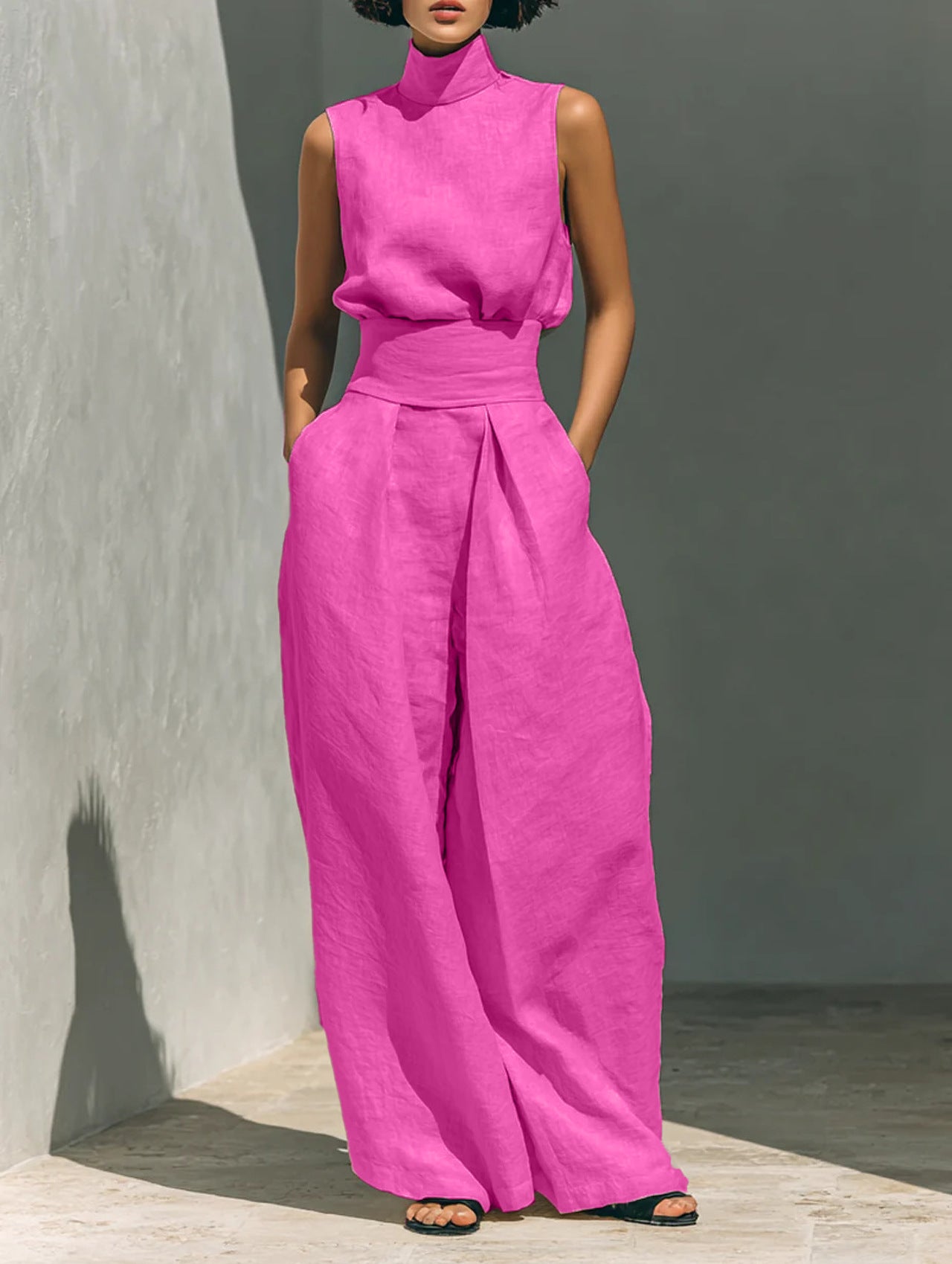 Person wearing a bright pink outfit against a gray wall.