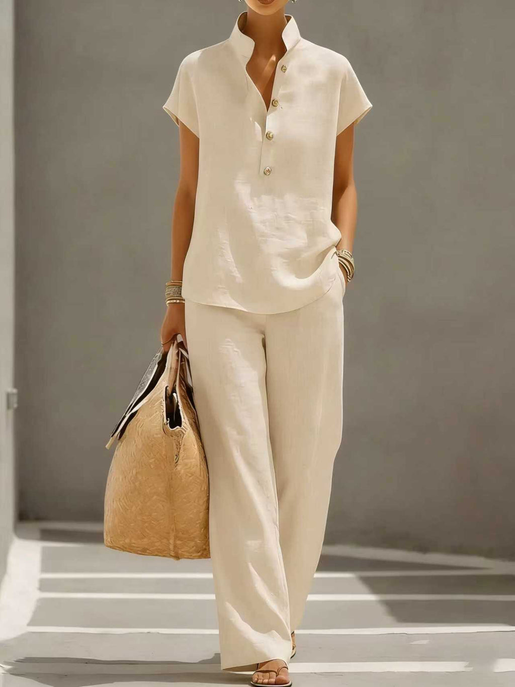Person wearing a beige outfit with a large bag against a gray background