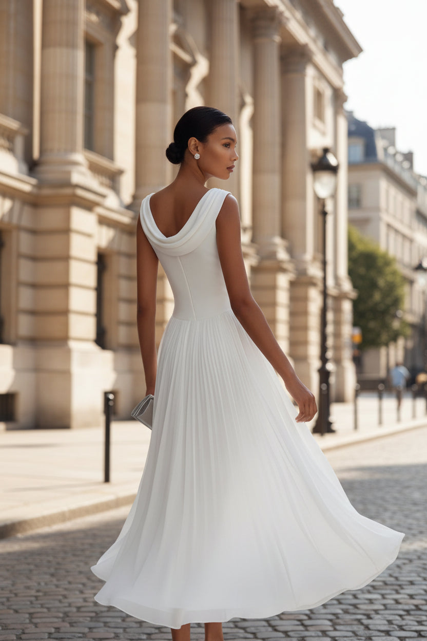 Woman wearing a white dress on a white background