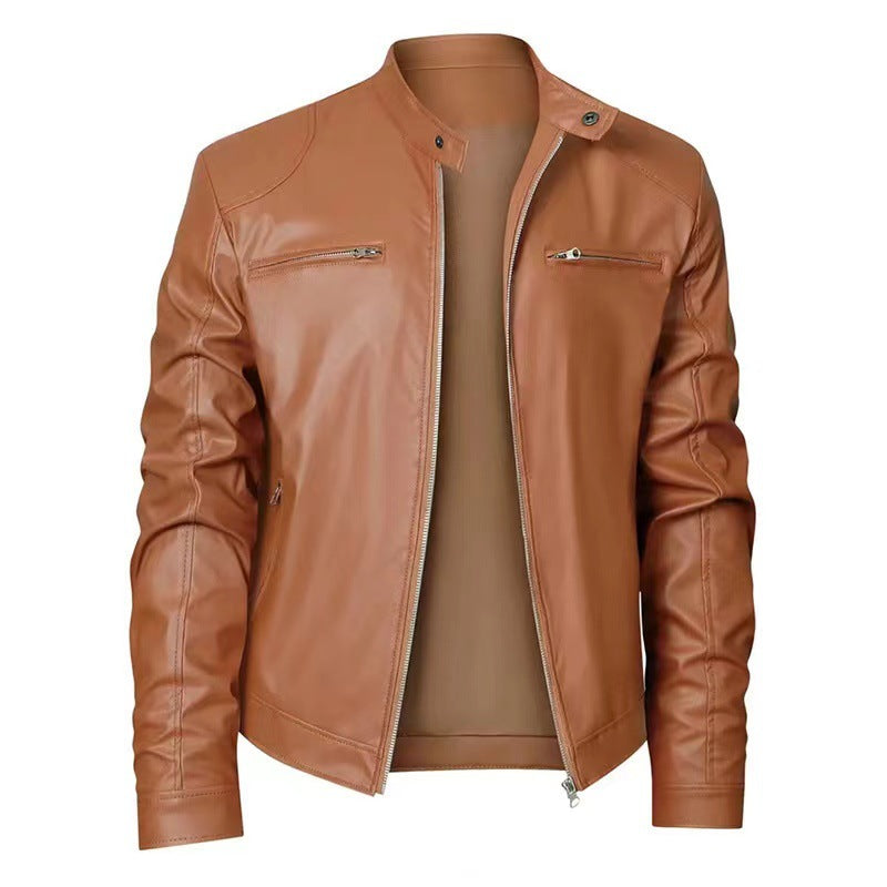 Brown leather jacket on a white background