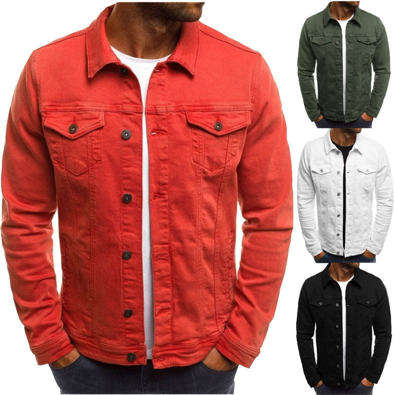 Red denim jacket displayed with other color options on a white background