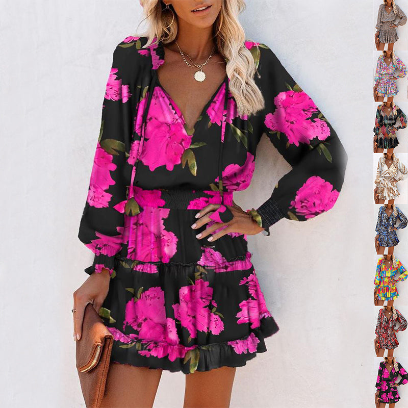 Floral Print Puff Sleeve Long Sleeve Dress – Fashion Patchwork Waist Tie Women's Clothing