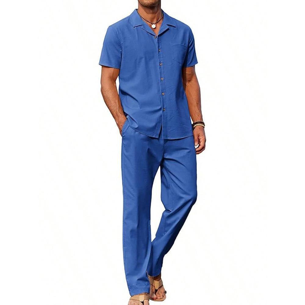 Man wearing a blue outfit on a white background