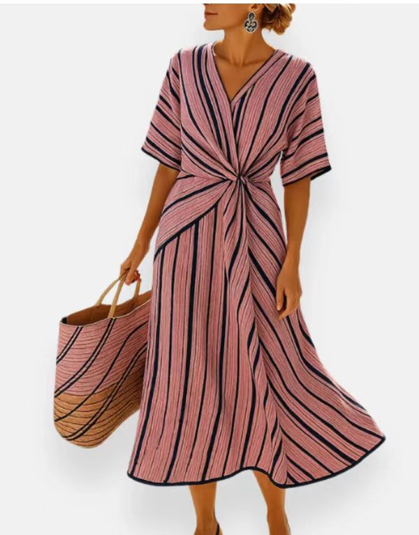 Women’s Summer Striped Print Short Sleeve Casual Beach Maxi Dress