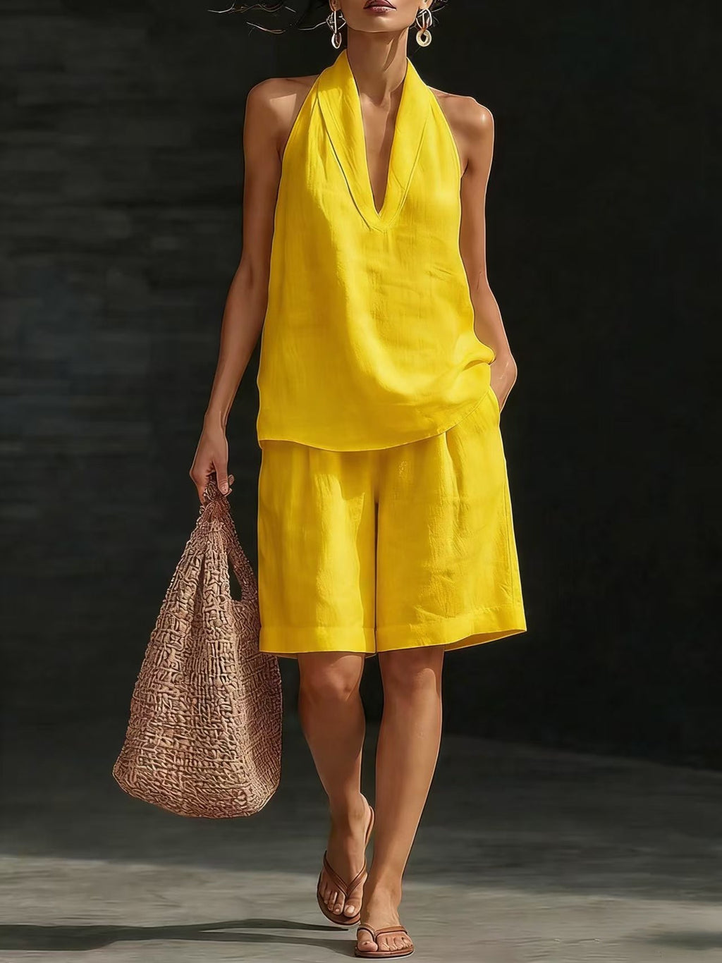 Woman in a yellow outfit holding a woven bag against a dark background