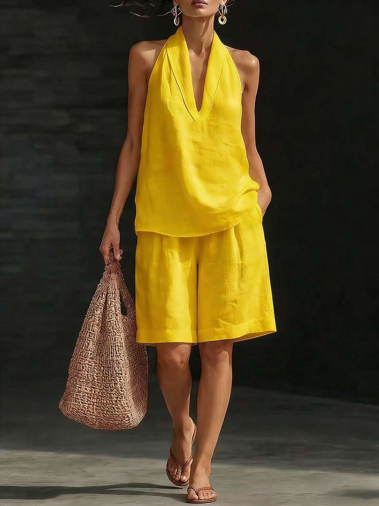 Woman in a yellow outfit holding a woven bag against a dark background