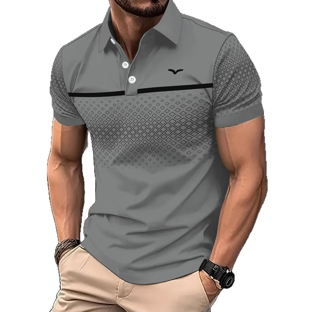 Gray polo shirt with black pattern on a white background