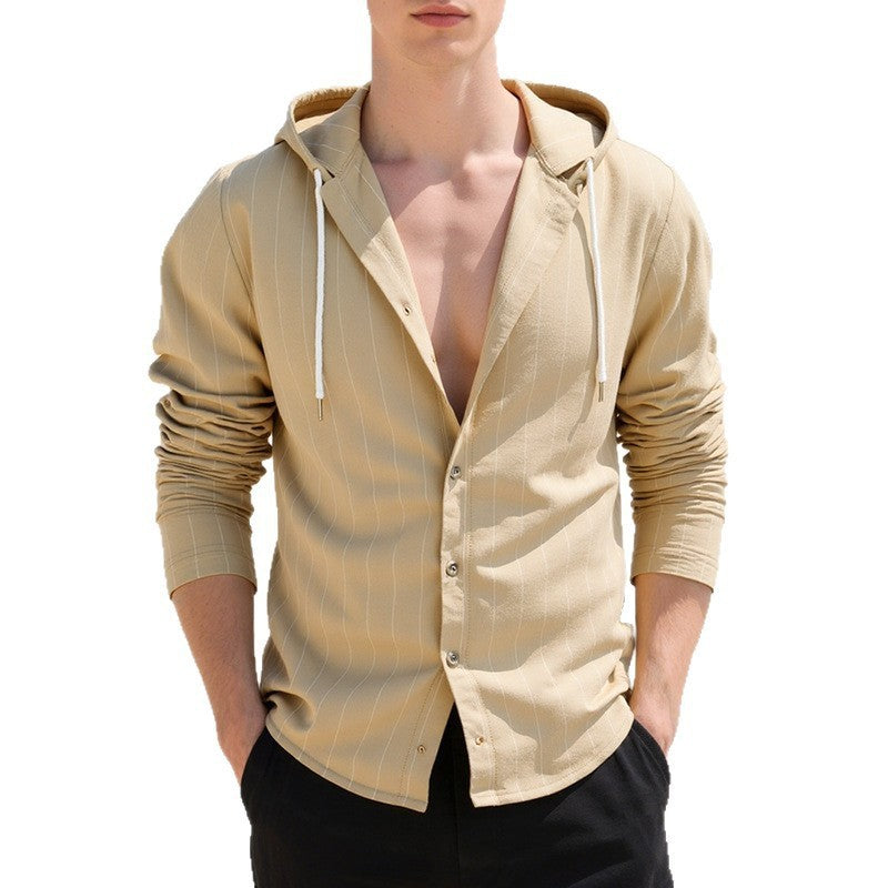 Beige hoodie with open front over a black shirt on a white background